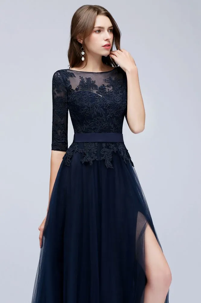 A-line Half Sleeves Floor Length Slit Appliqued Tulle Formal Dress with Sash