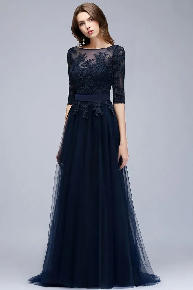 A-line Half Sleeves Floor Length Slit Appliqued Tulle Formal Dress with Sash