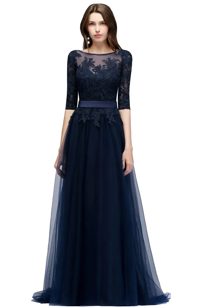 A-line Half Sleeves Floor Length Slit Appliqued Tulle Formal Dress with Sash