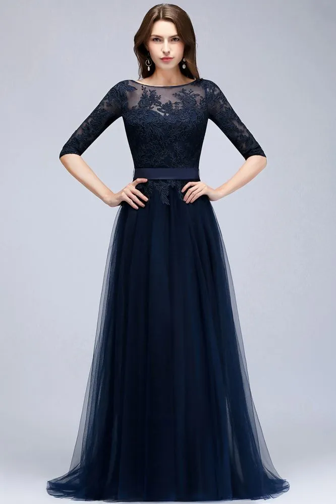 A-line Half Sleeves Floor Length Slit Appliqued Tulle Formal Dress with Sash
