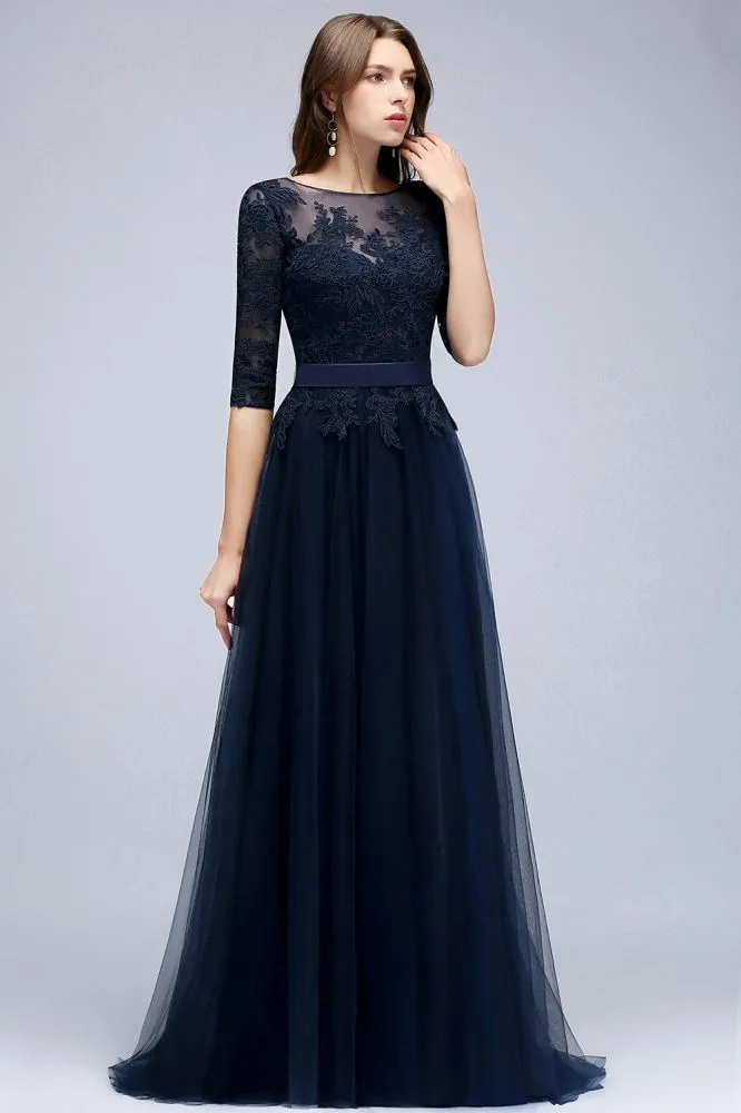 A-line Half Sleeves Floor Length Slit Appliqued Tulle Formal Dress with Sash