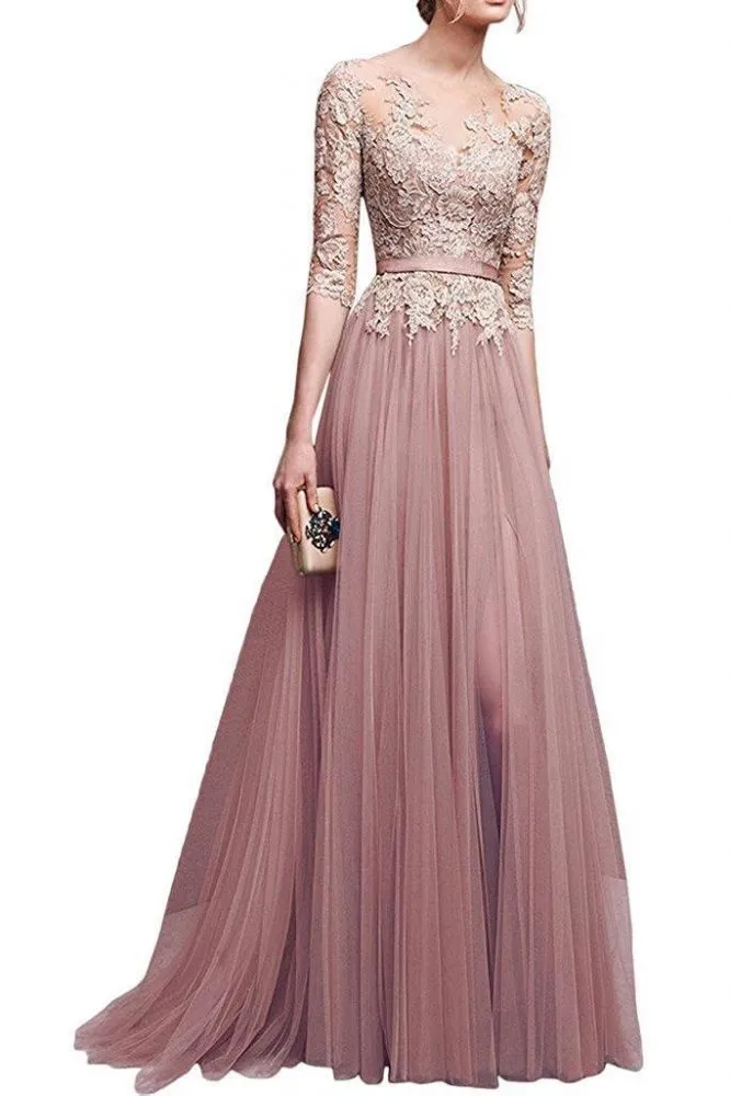 A-line Half Sleeves Floor Length Slit Appliqued Tulle Formal Dress with Sash