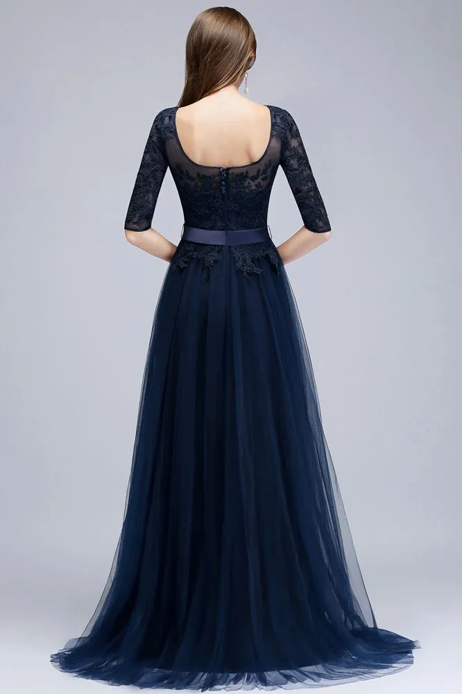 A-line Half Sleeves Floor Length Slit Appliqued Tulle Formal Dress with Sash