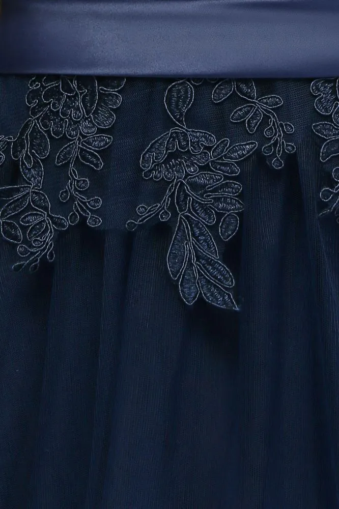 A-line Half Sleeves Floor Length Slit Appliqued Tulle Formal Dress with Sash