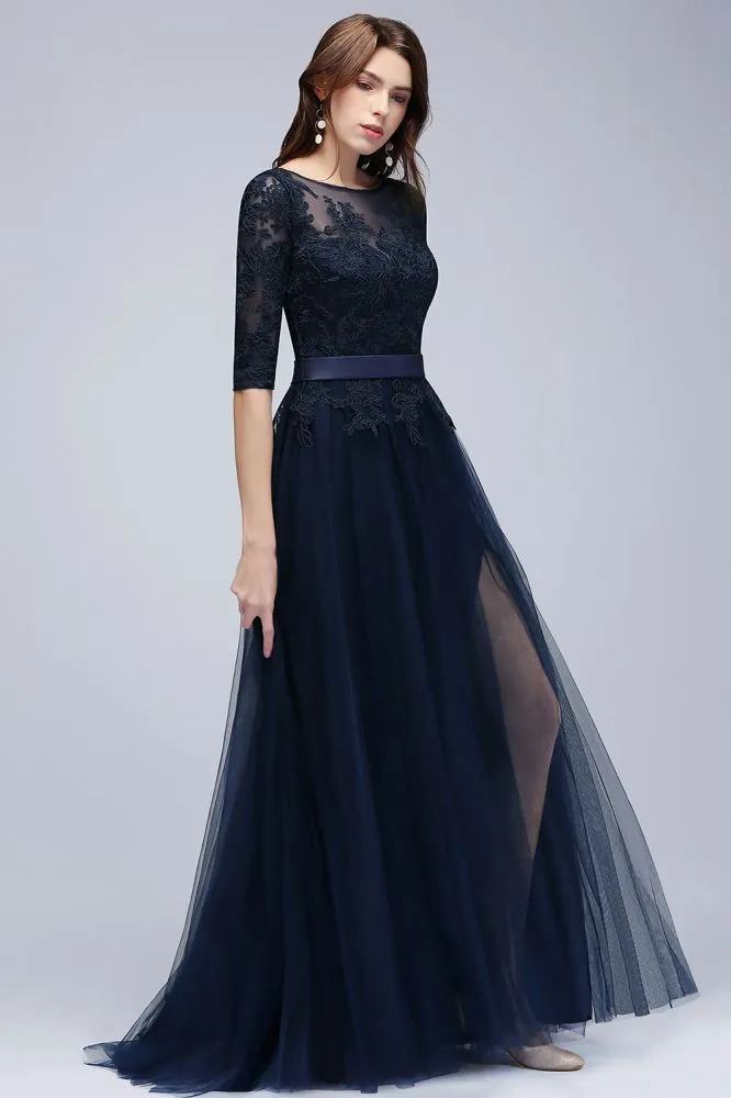 A-line Half Sleeves Floor Length Slit Appliqued Tulle Formal Dress with Sash