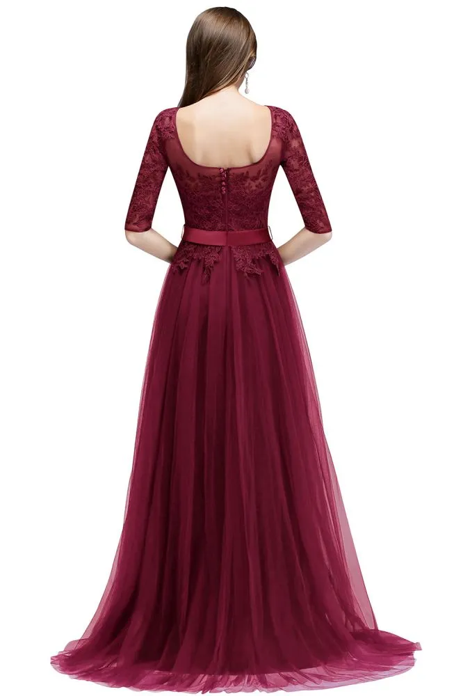 A-line Half Sleeves Floor Length Slit Appliqued Tulle Formal Dress with Sash