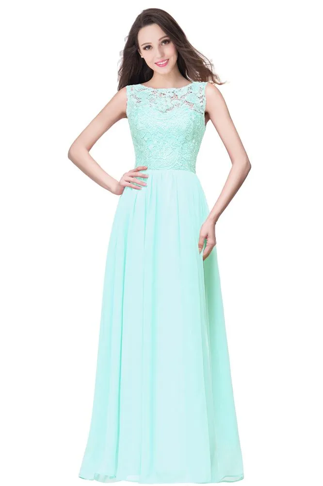 A-line Sleeveless Crew Floor-length Lace Top Chiffon Formal Dress