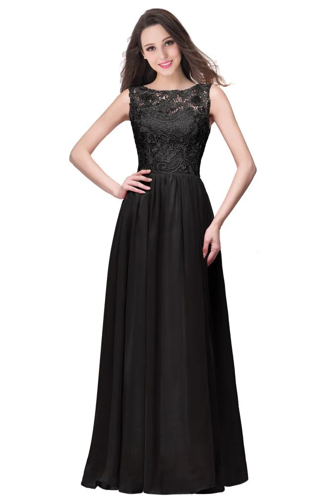 A-line Sleeveless Crew Floor-length Lace Top Chiffon Formal Dress