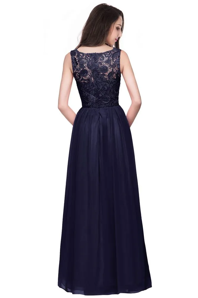 A-line Sleeveless Crew Floor-length Lace Top Chiffon Formal Dress