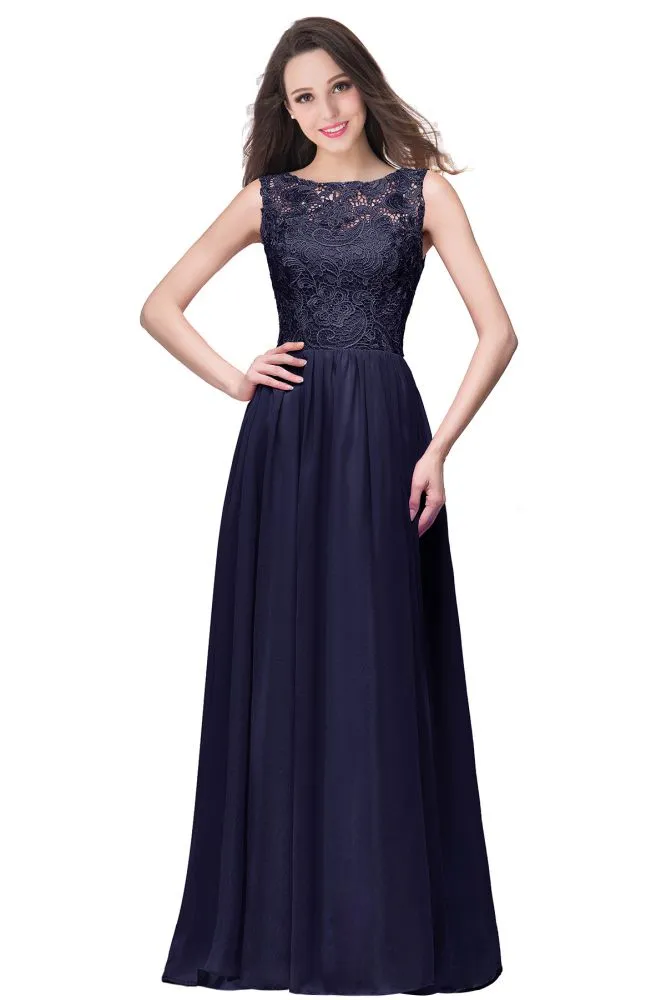 A-line Sleeveless Crew Floor-length Lace Top Chiffon Formal Dress