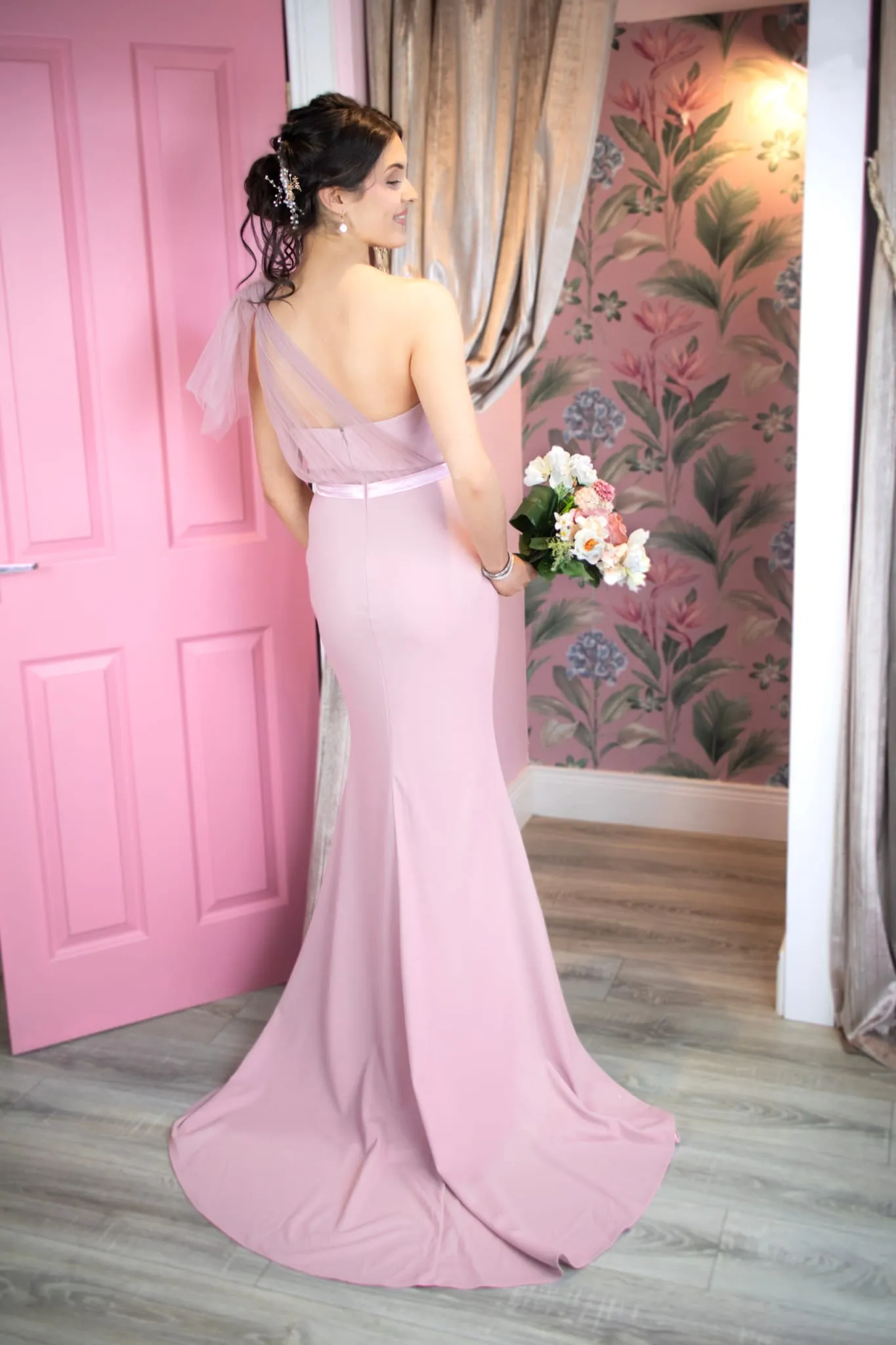 Alice Dusky Pink Soft Tulle Bow Straps Bridesmaids Dress