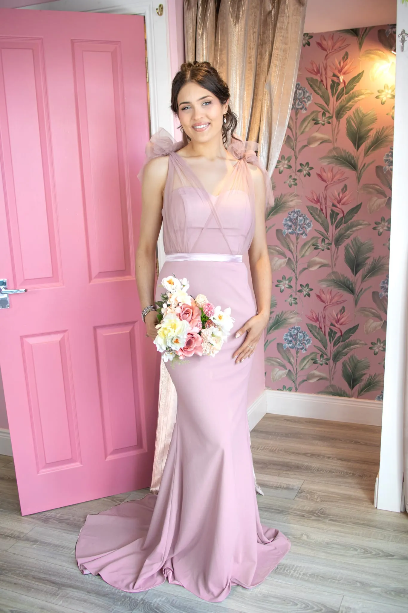 Alice Dusky Pink Soft Tulle Bow Straps Bridesmaids Dress