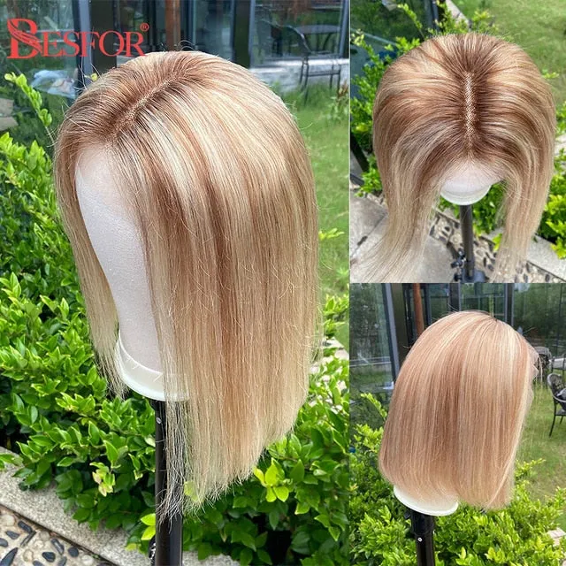 Blonde Human Hair Wig With Brown Roots 13x1 Lace Short Ombre Middle Part Lace Front Wigs Remy 180 Density Pre Plucked For Women