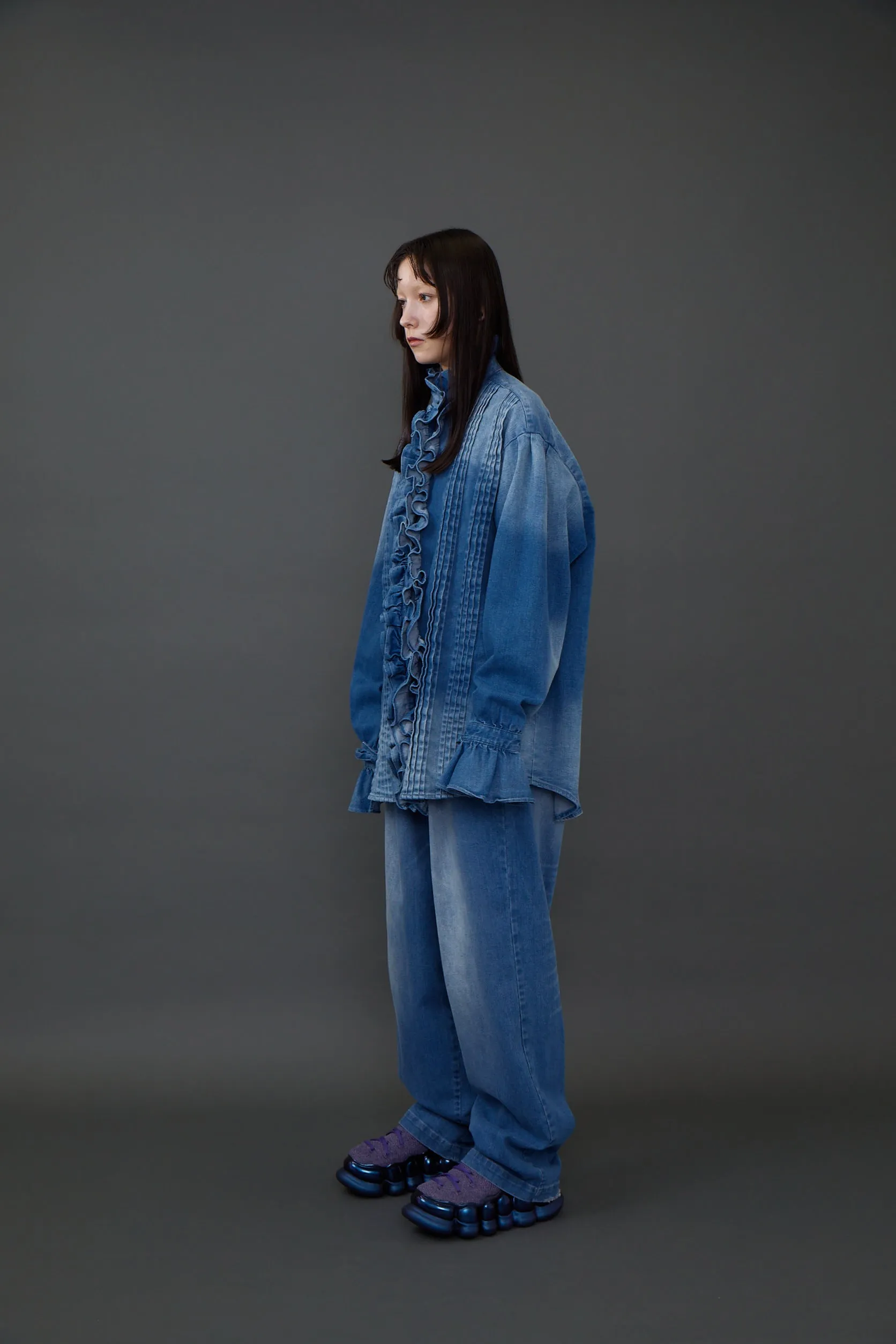 Denim Frill Blouse / Blue