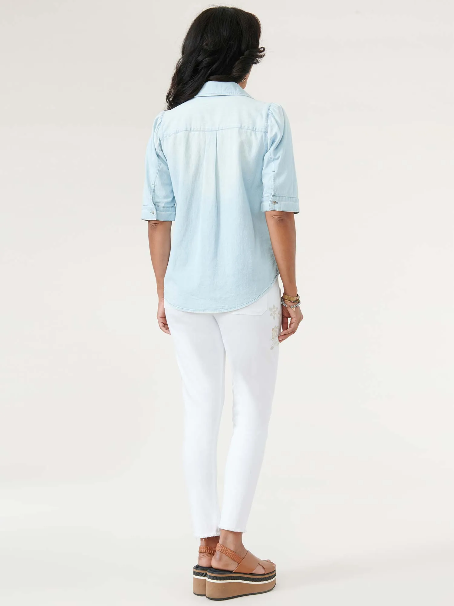 Elbow Puff Sleeve Button Down Washed Light Blue Denim Shirt