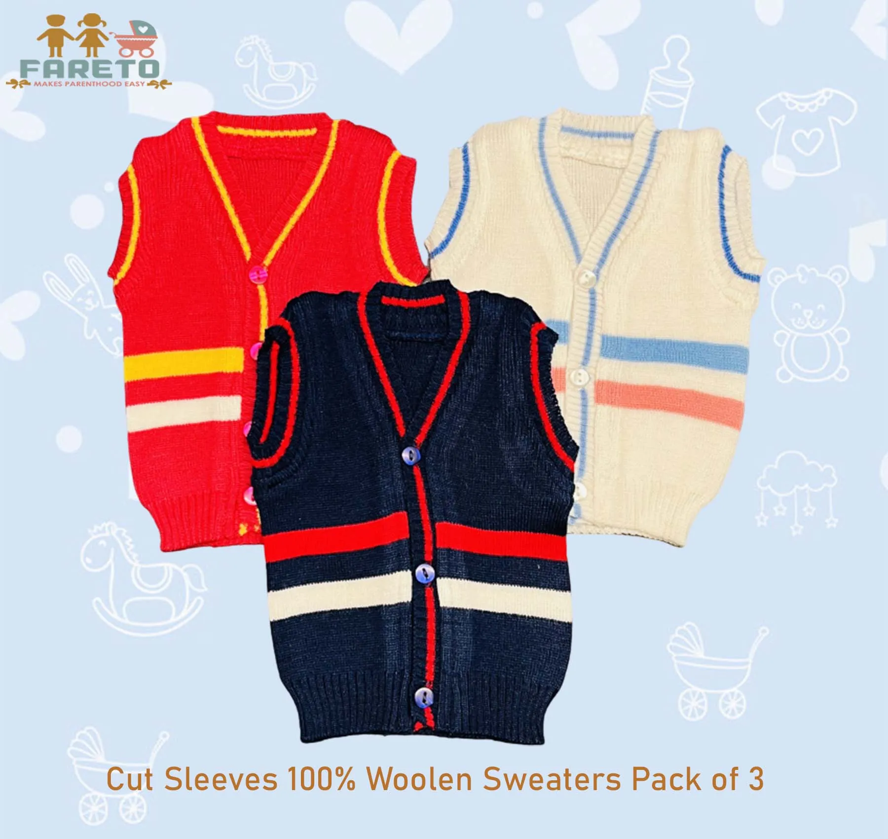 Fareto New Born Baby Sleeveless Sweater | Inner wear Sweater (0-2M)(Pack of 3)(Note: Colours & Designs May Vary)