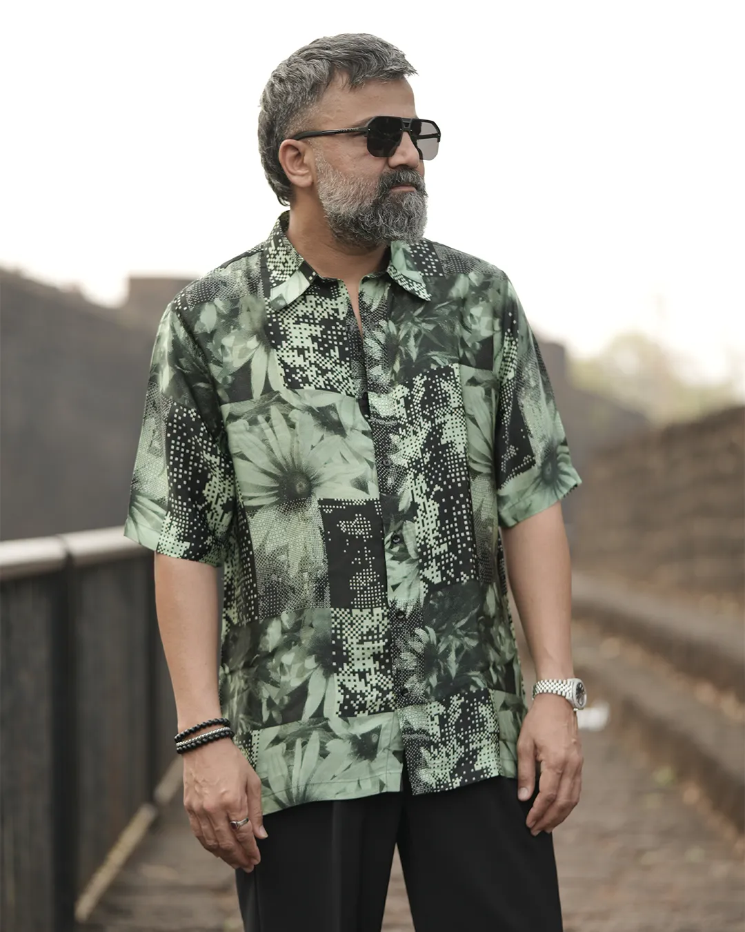 Floral Matrix Pure Bemberg Satin Short Sleeve Shirt