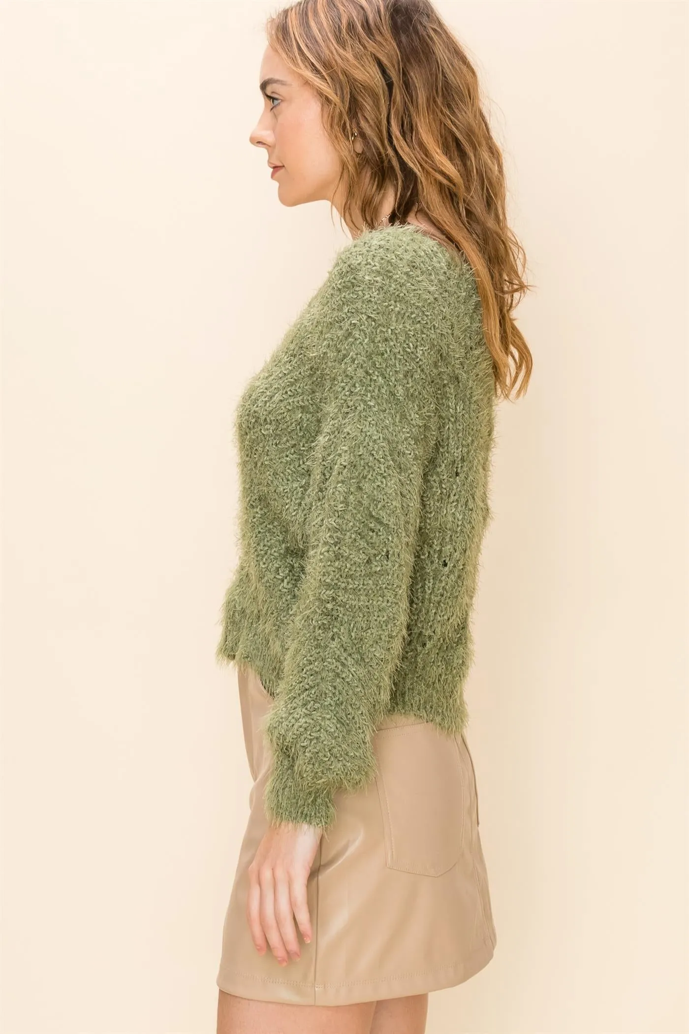 Hyfve Furry Crop V Neck  Sweaters In Olive Or Rose