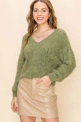 Hyfve Furry Crop V Neck  Sweaters In Olive Or Rose