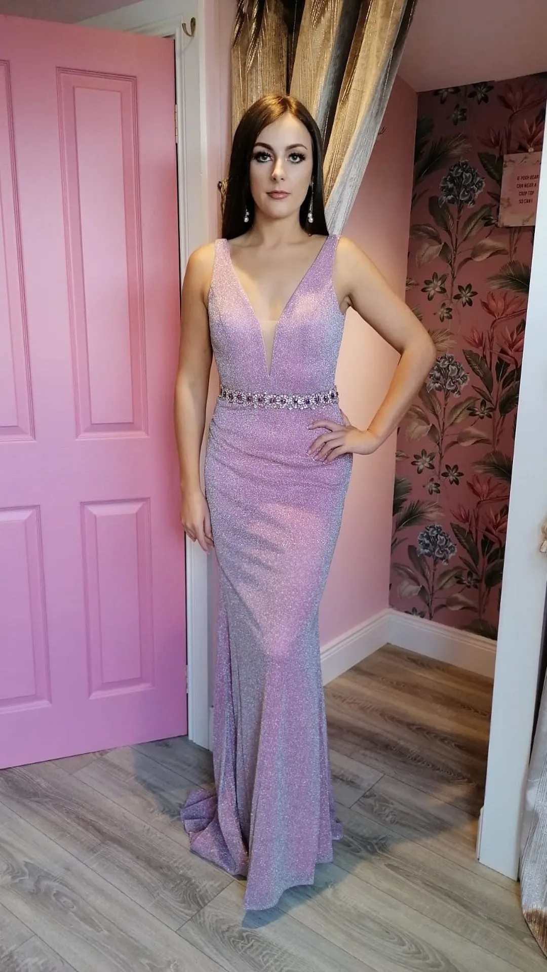 Leah Baby Pink Sparkly Glitter Metallic Formal Prom Dress