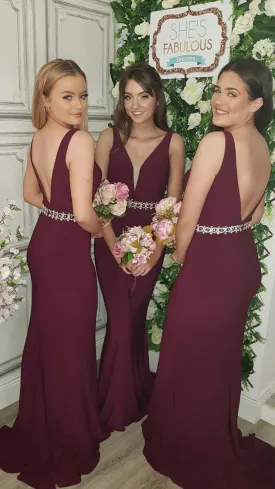 Leah Burgundy Beaded Belt Backless Bridesmaids Dress