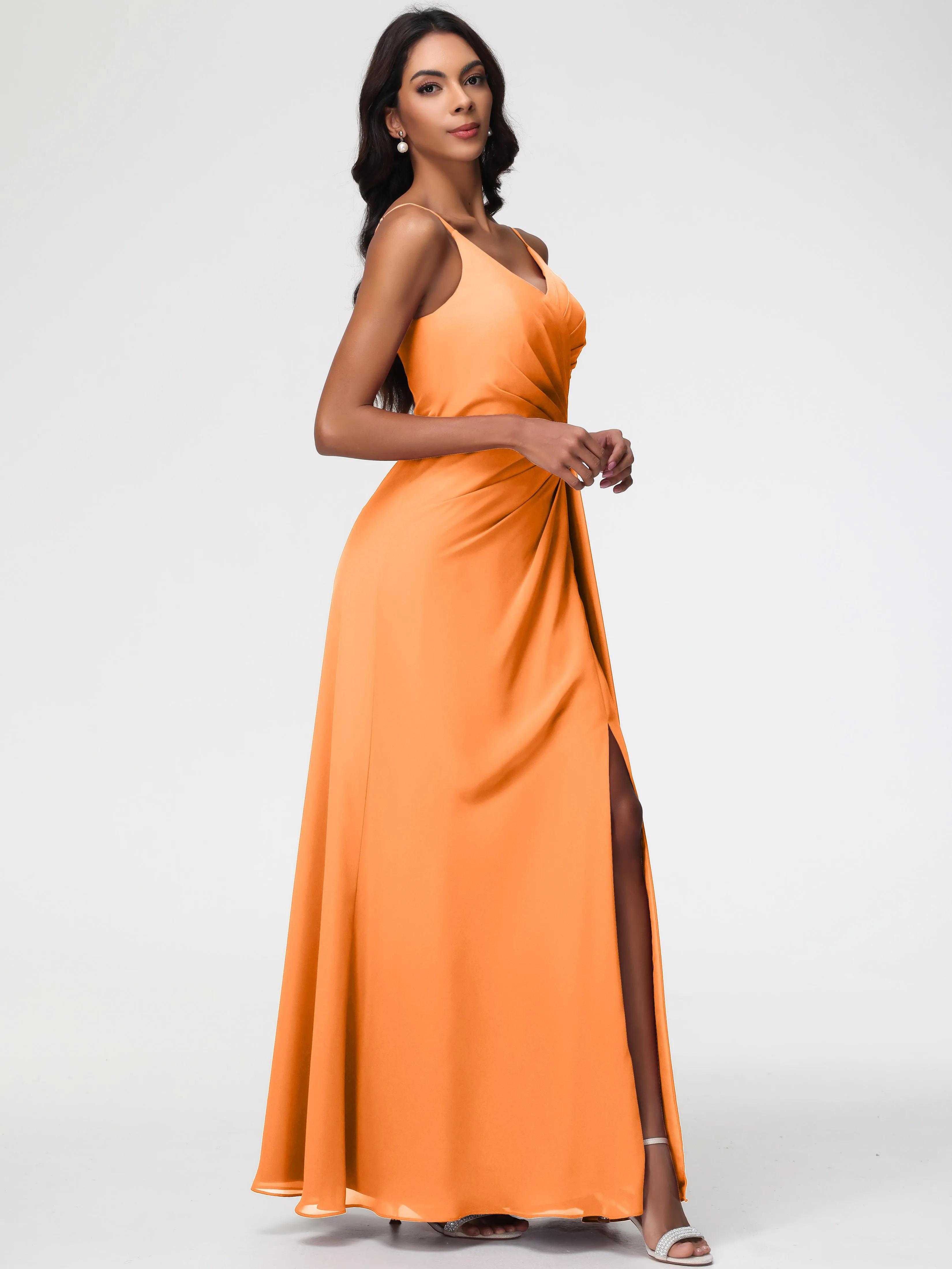 Long Orange Bridesmaid Dresses A-Line V-Neck Spaghetti Straps Ruched Chiffon Bridesmaid Dresses With Slit