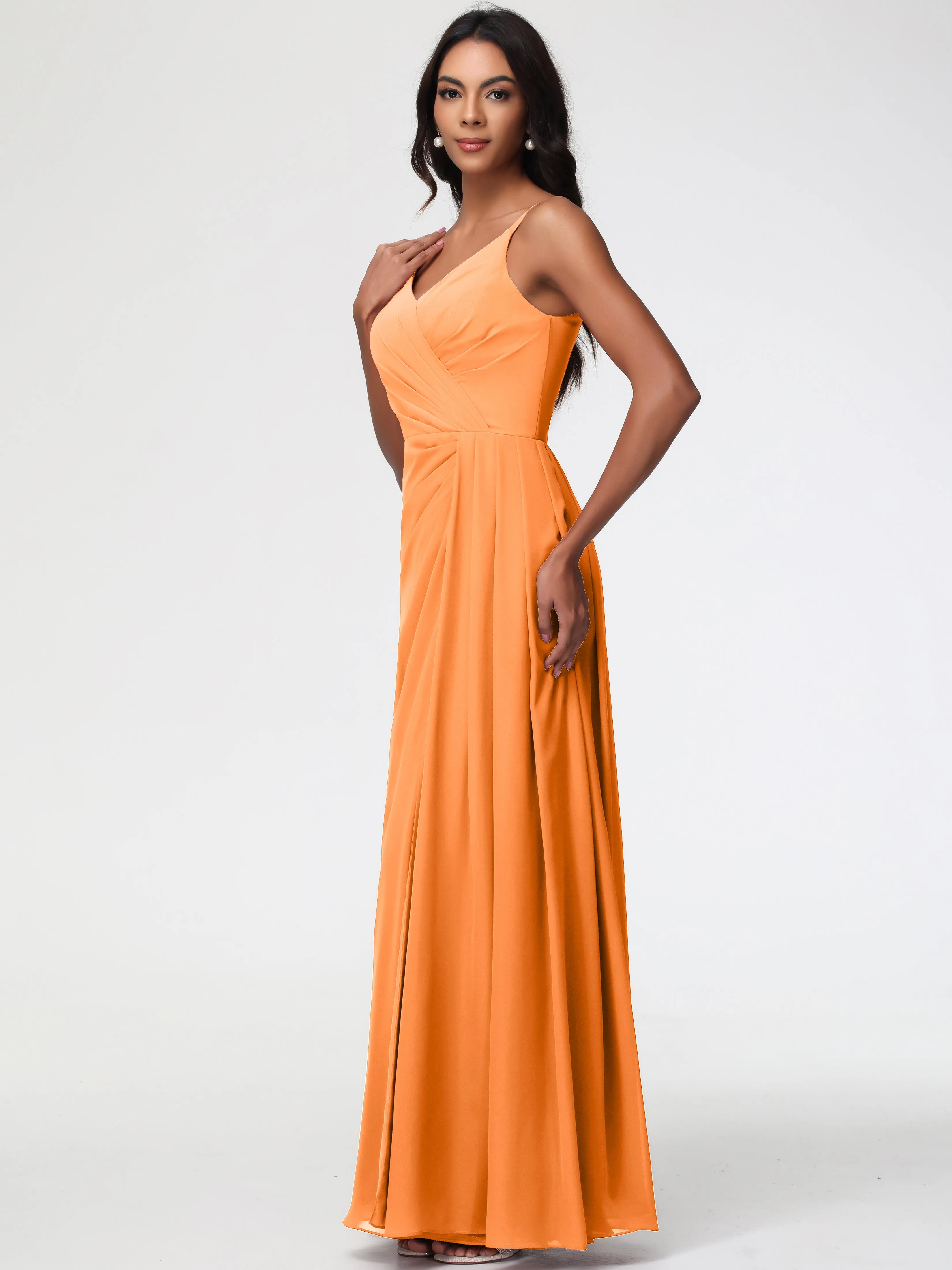 Long Orange Bridesmaid Dresses A-Line V-Neck Spaghetti Straps Ruched Chiffon Bridesmaid Dresses With Slit