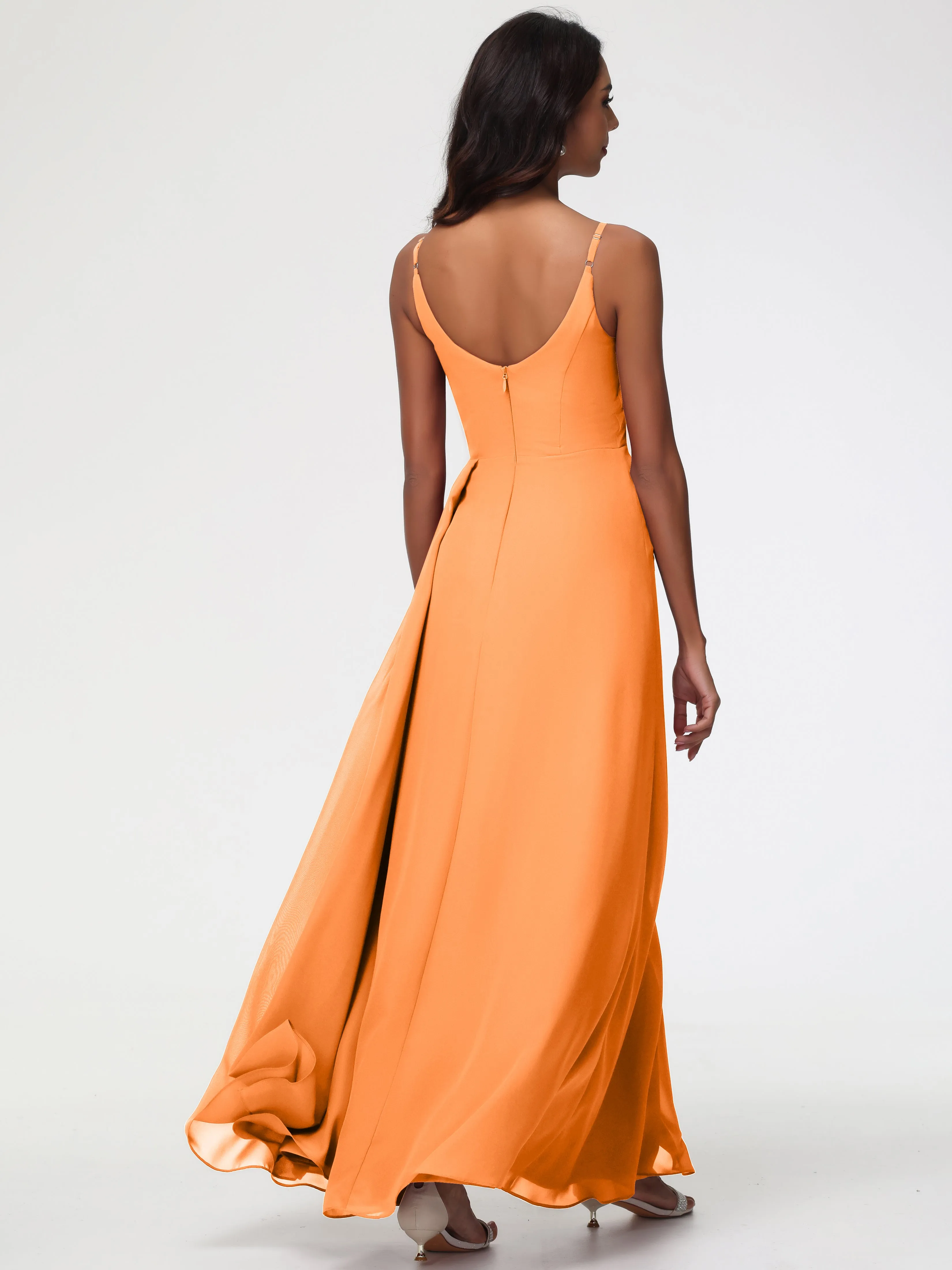 Long Orange Bridesmaid Dresses A-Line V-Neck Spaghetti Straps Ruched Chiffon Bridesmaid Dresses With Slit