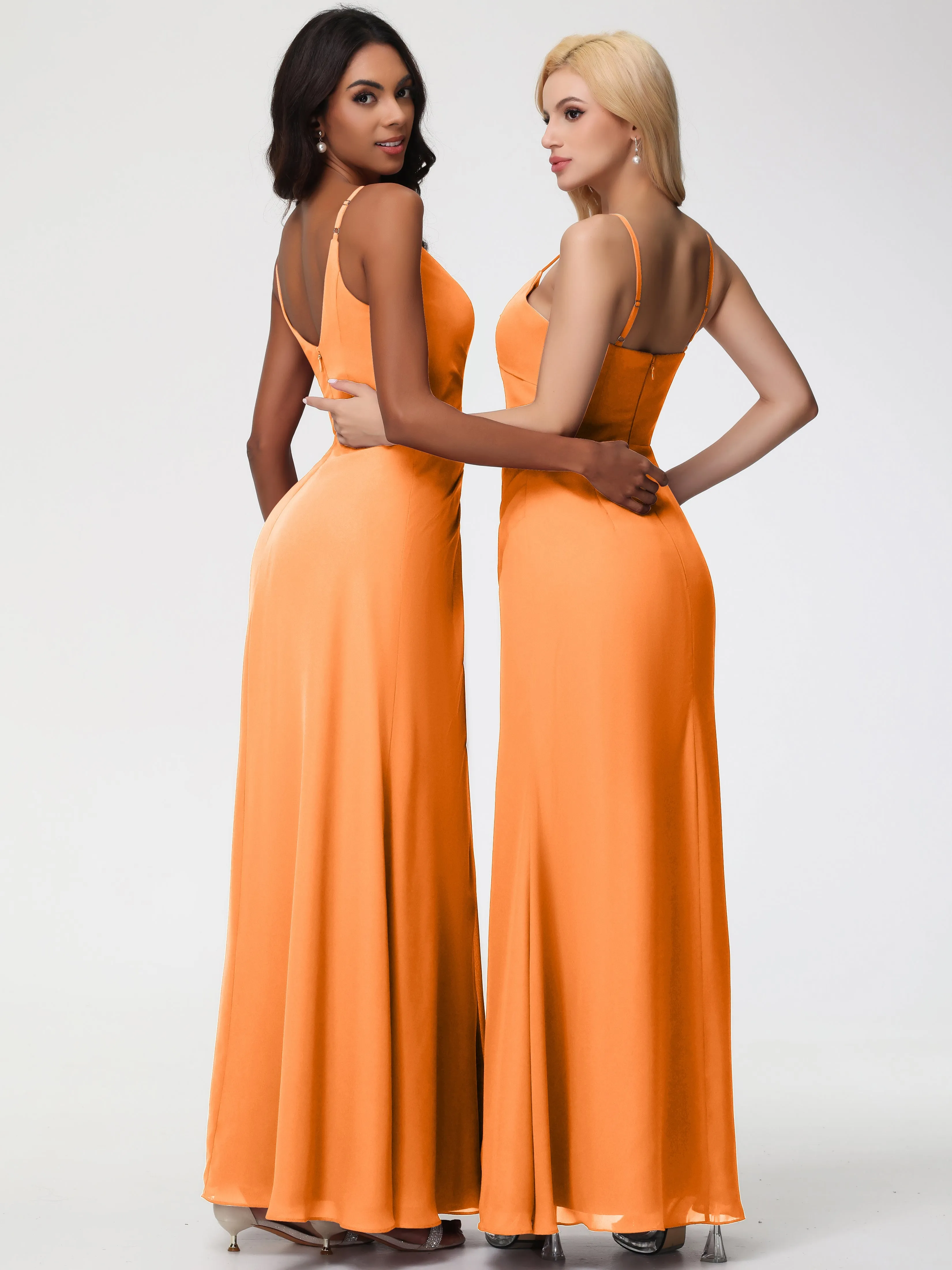 Long Orange Bridesmaid Dresses A-Line V-Neck Spaghetti Straps Ruched Chiffon Bridesmaid Dresses With Slit