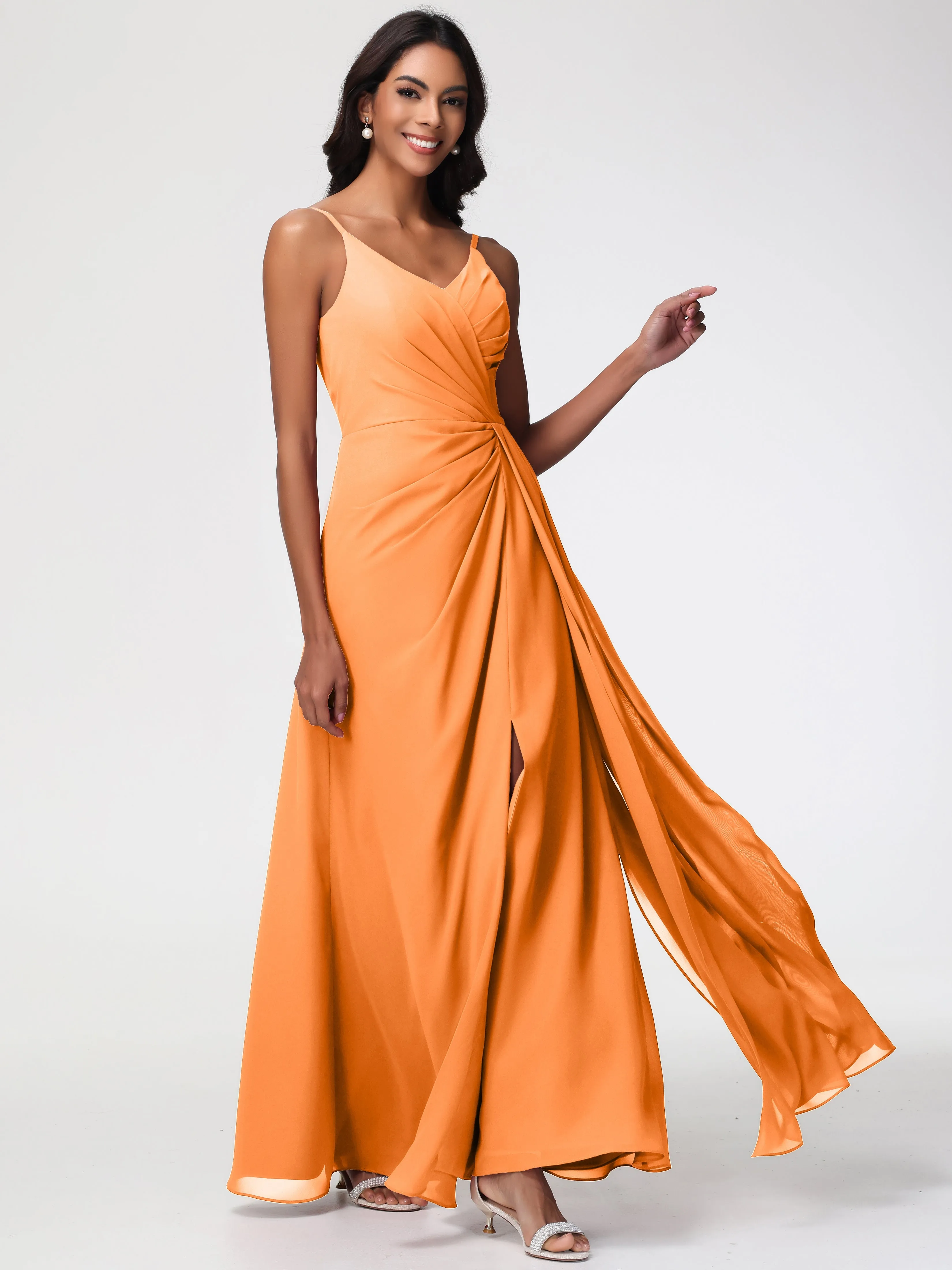 Long Orange Bridesmaid Dresses A-Line V-Neck Spaghetti Straps Ruched Chiffon Bridesmaid Dresses With Slit