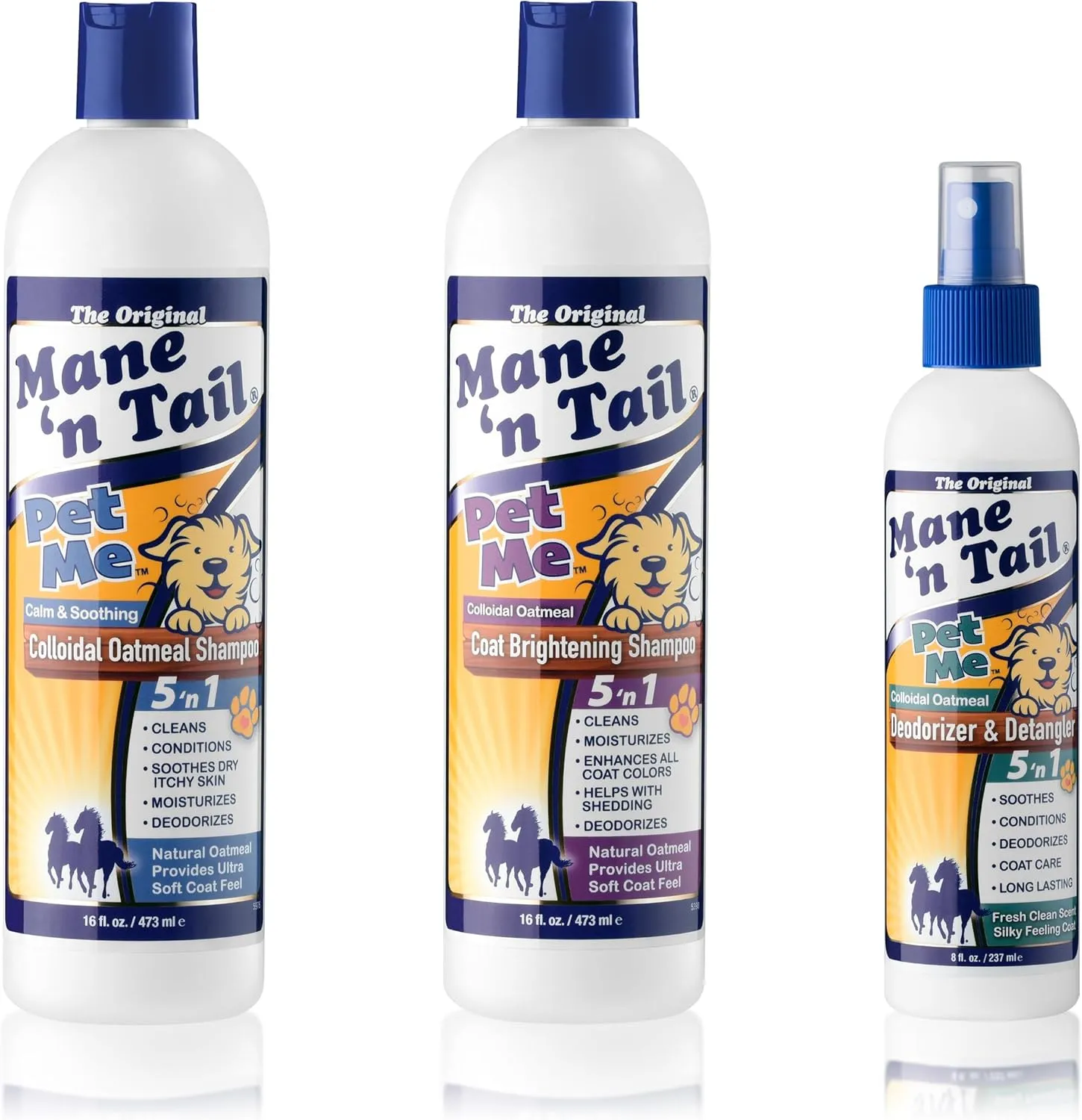 Mane 'n Tail Pet Me Colloidal Oatmeal Shampoo & Coat Brightening Shampoo & Deodorizer and Detangler with Real Colloidal Oatmeal, Aloe Vera and Spirulina Pack of 3
