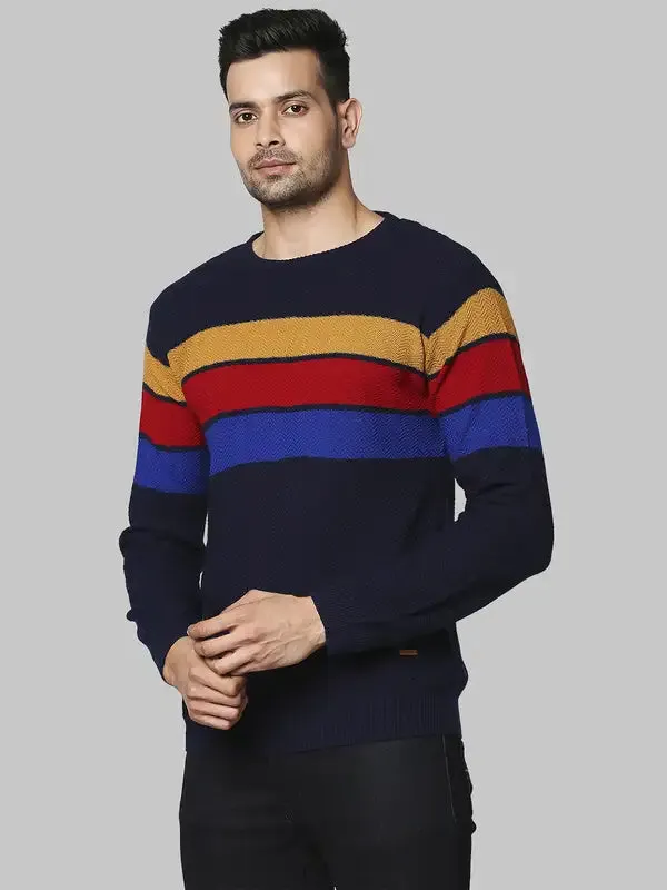 Men Blue Regular Fit Stripe Acrylic Full Sleeve Round Collar Sweaters