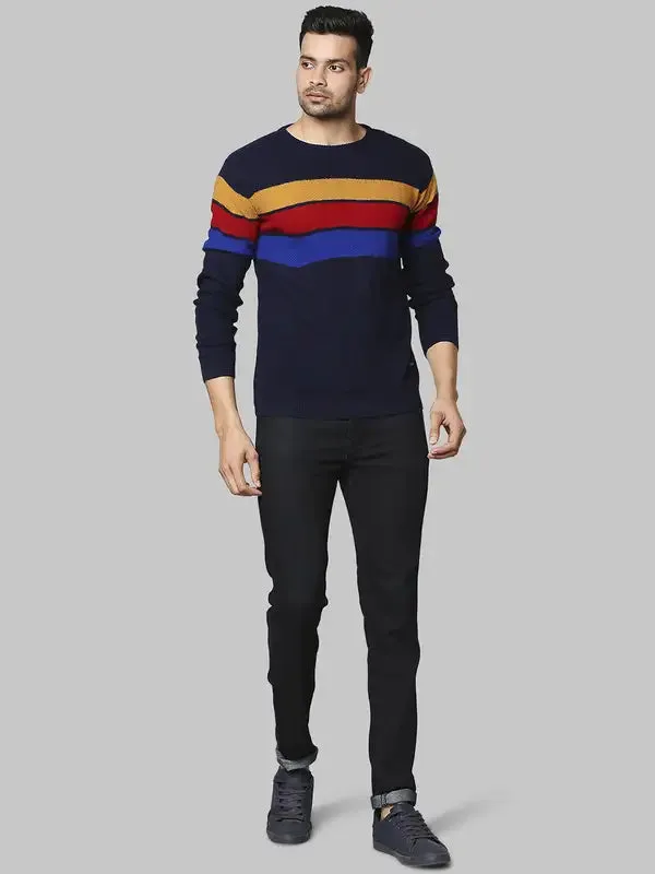 Men Blue Regular Fit Stripe Acrylic Full Sleeve Round Collar Sweaters