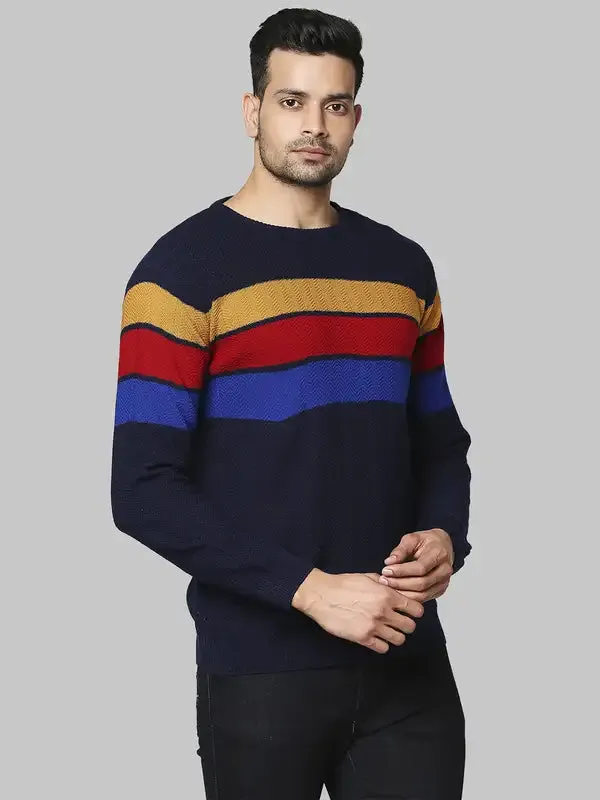 Men Blue Regular Fit Stripe Acrylic Full Sleeve Round Collar Sweaters