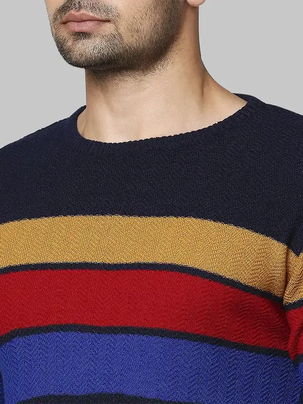 Men Blue Regular Fit Stripe Acrylic Full Sleeve Round Collar Sweaters