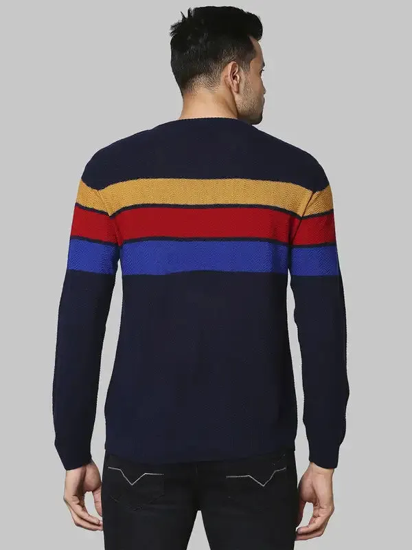 Men Blue Regular Fit Stripe Acrylic Full Sleeve Round Collar Sweaters