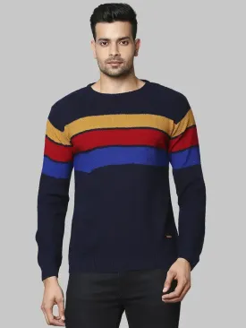Men Blue Regular Fit Stripe Acrylic Full Sleeve Round Collar Sweaters