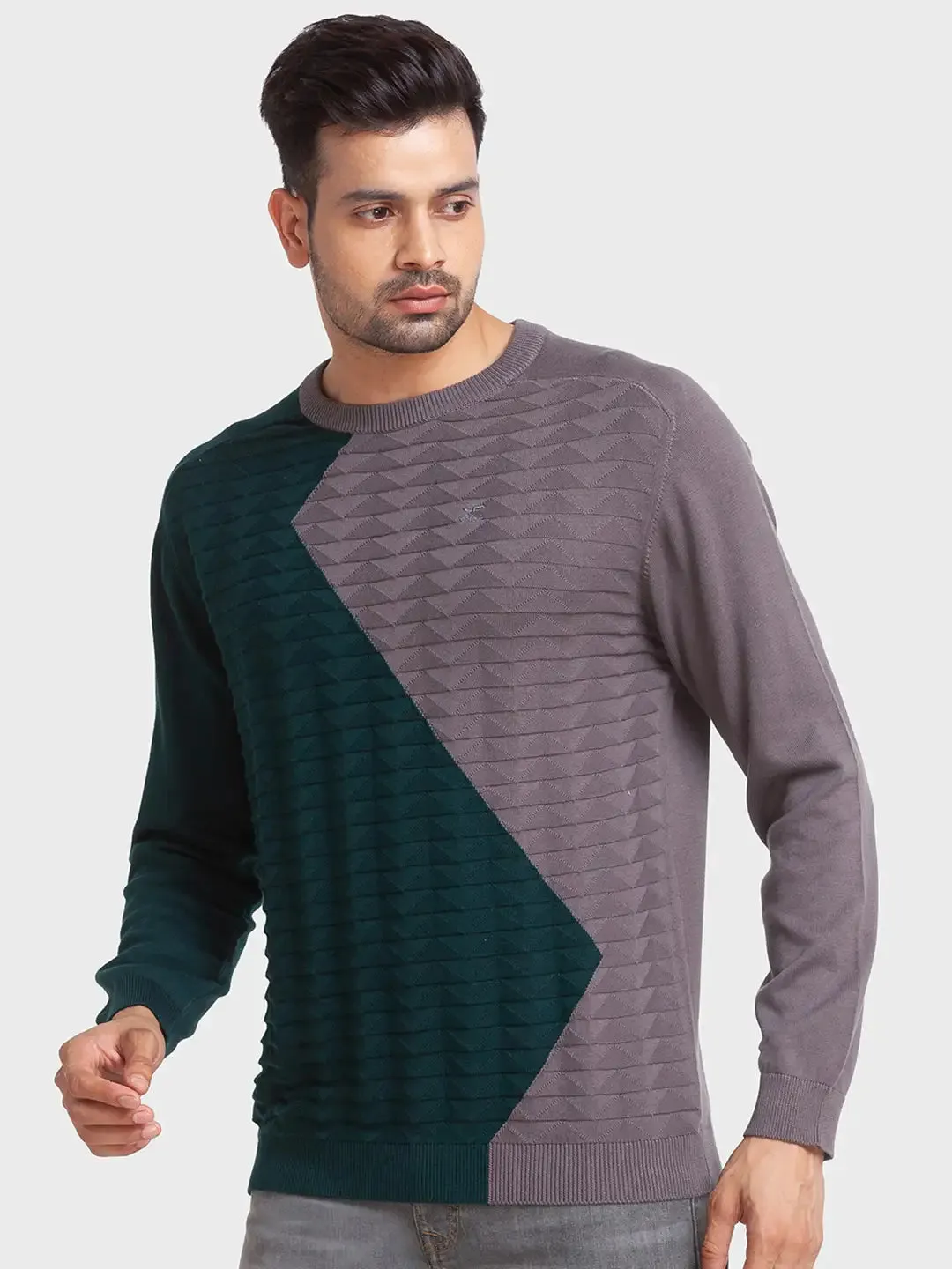Men Grey Tailored Fit Jacquard Cotton Full Sleeve Round Collar Sweaters