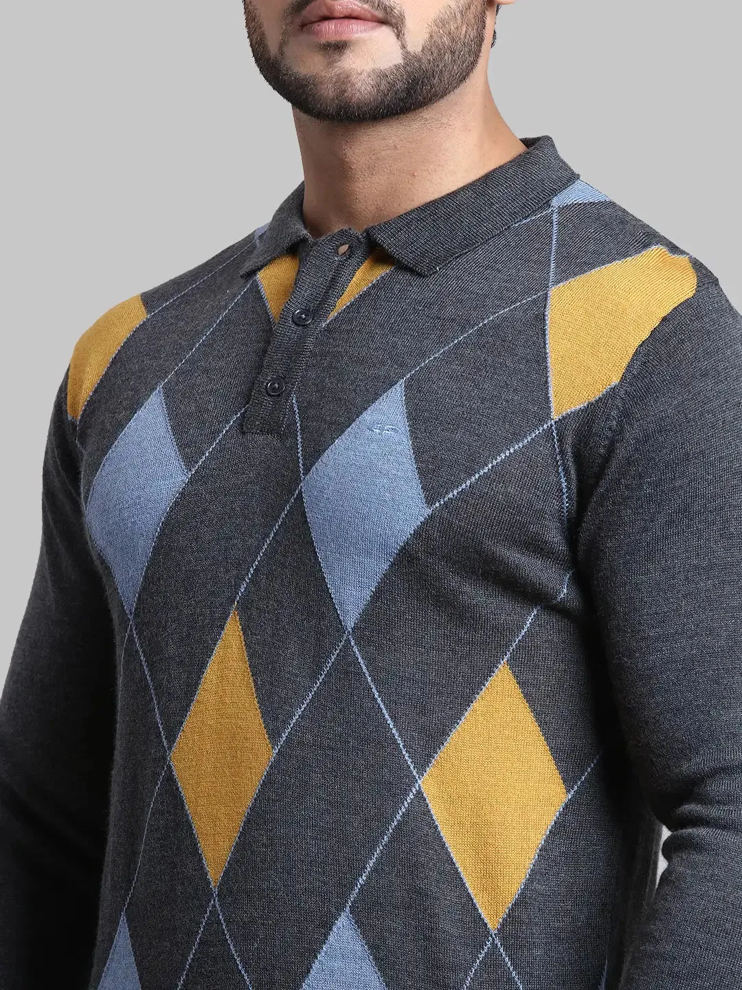 Men Grey Tailored Fit Jacquard Wool Blend Full Sleeve Sweaters