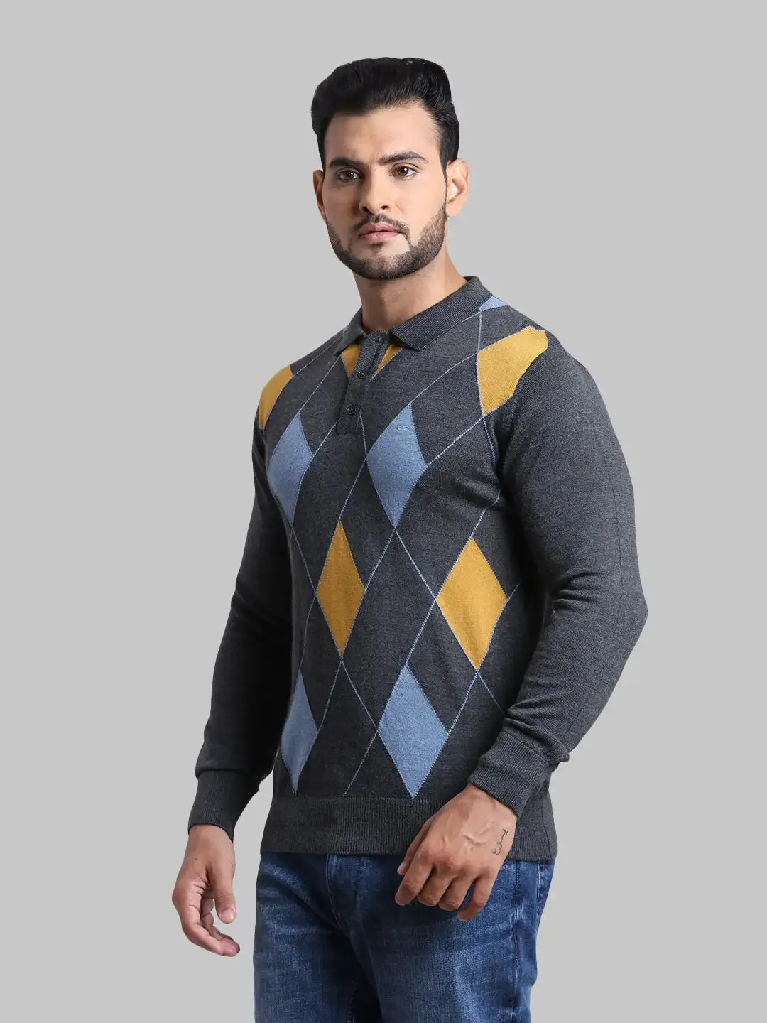 Men Grey Tailored Fit Jacquard Wool Blend Full Sleeve Sweaters