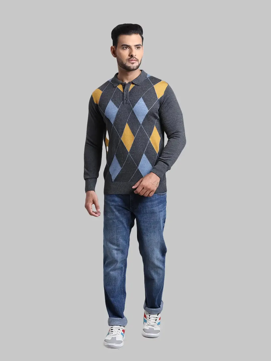 Men Grey Tailored Fit Jacquard Wool Blend Full Sleeve Sweaters