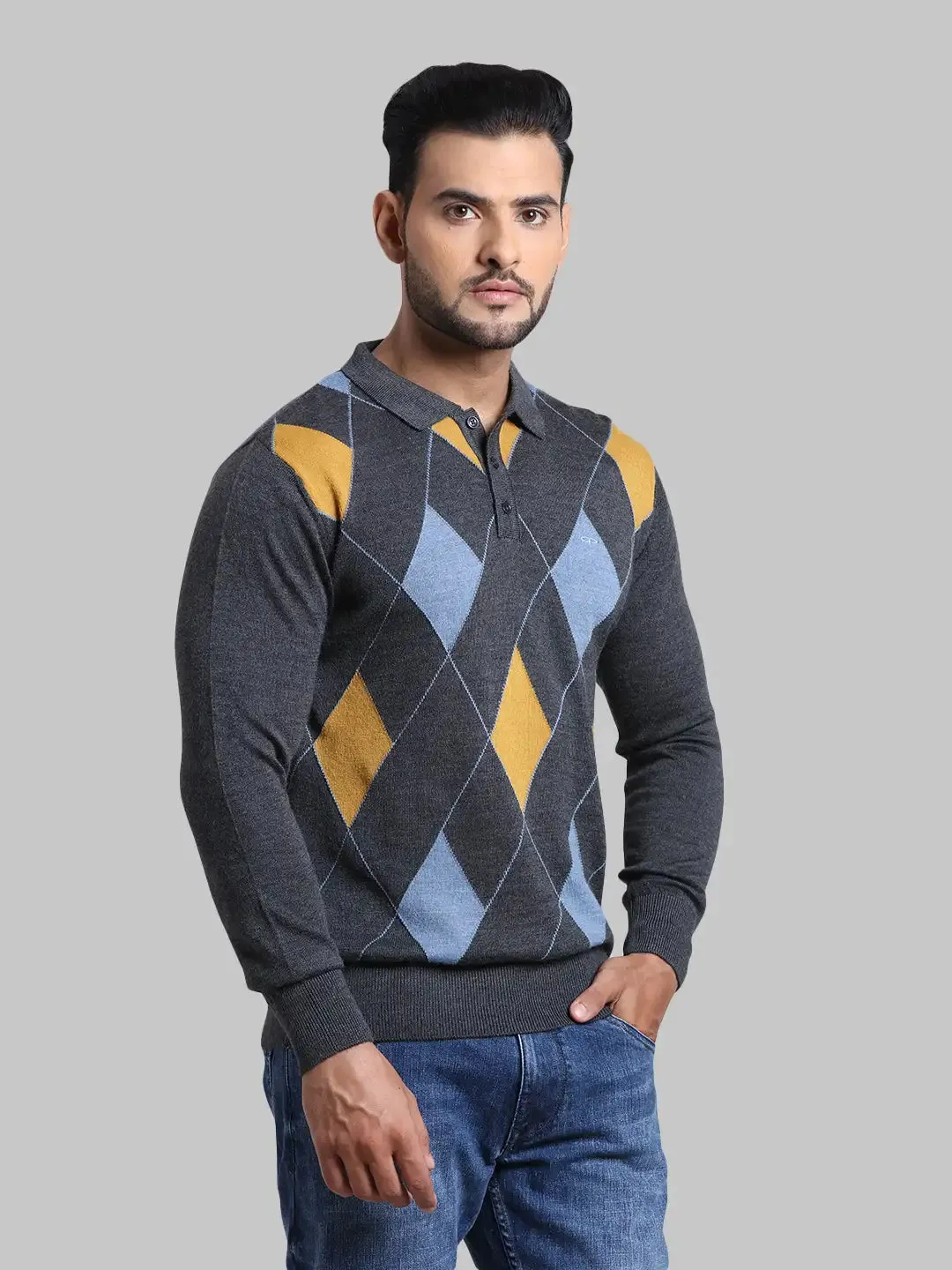 Men Grey Tailored Fit Jacquard Wool Blend Full Sleeve Sweaters