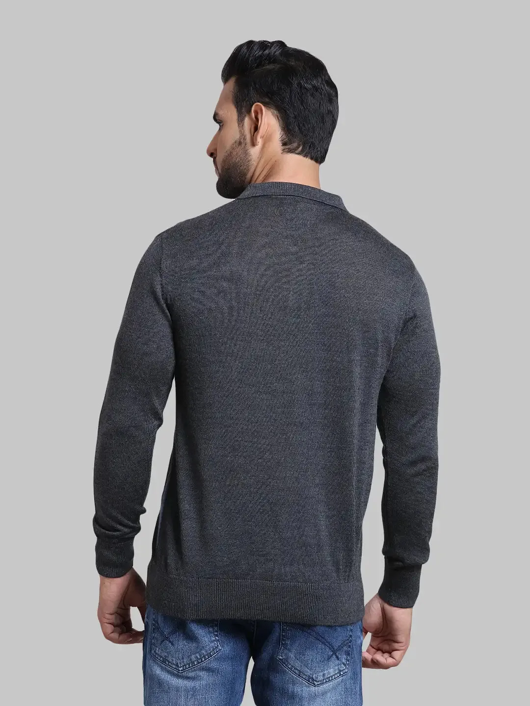 Men Grey Tailored Fit Jacquard Wool Blend Full Sleeve Sweaters