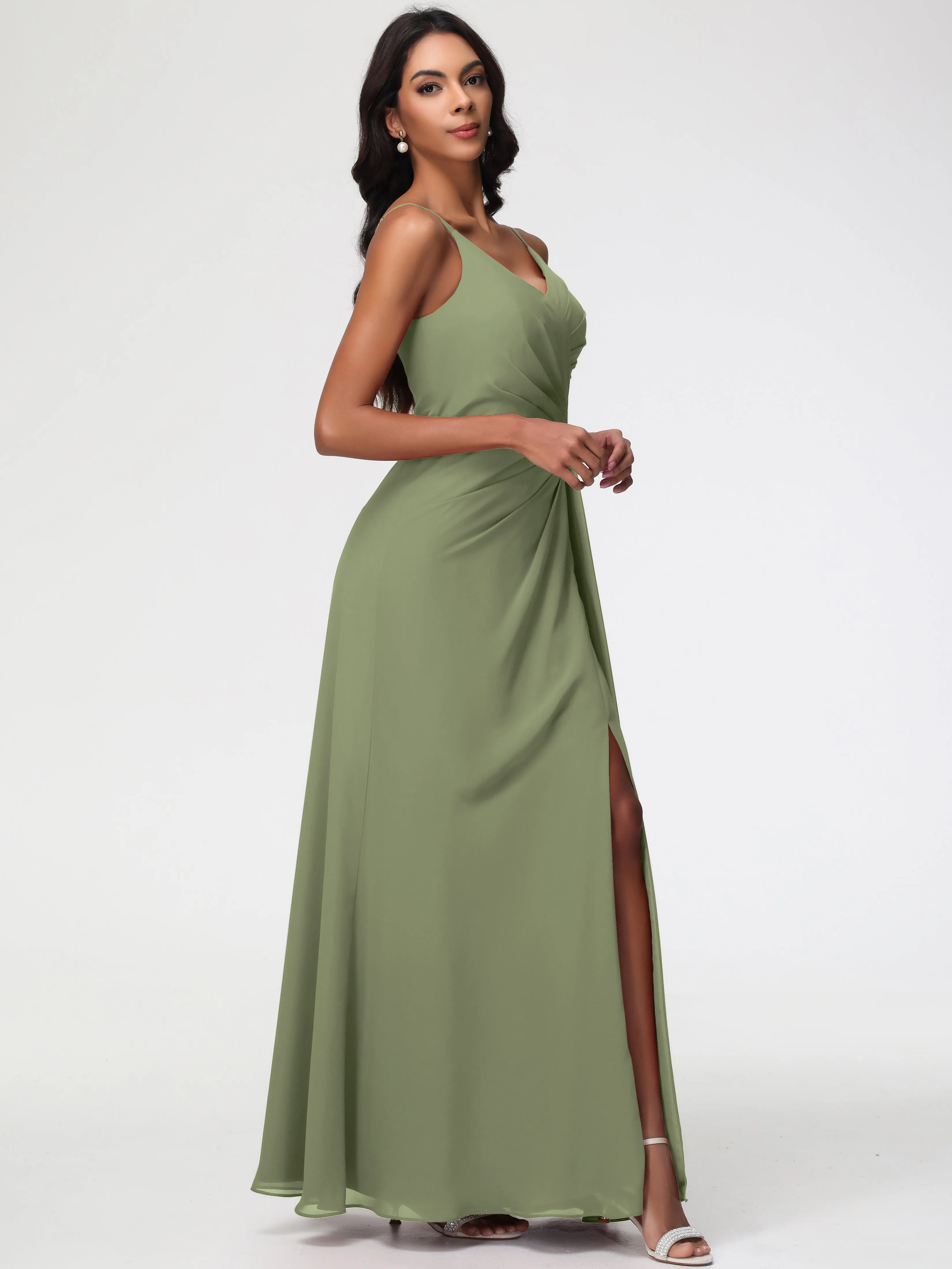 Olive Green Chiffon Bridesmaid Dresses A-Line V-Neck Spaghetti Straps Ruched Chiffon Bridesmaid Dresses With Slit