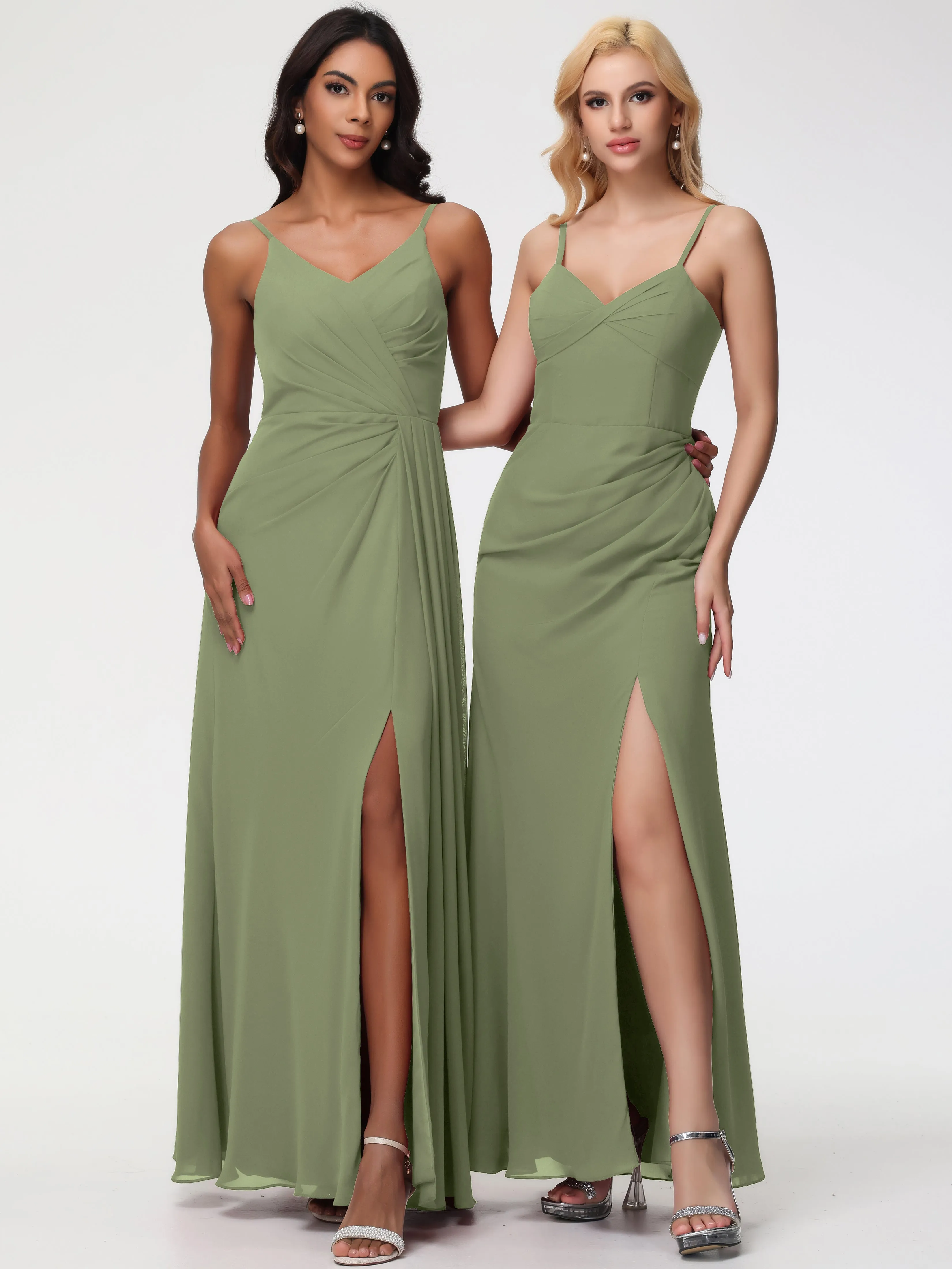 Olive Green Chiffon Bridesmaid Dresses A-Line V-Neck Spaghetti Straps Ruched Chiffon Bridesmaid Dresses With Slit