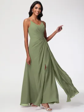 Olive Green Chiffon Bridesmaid Dresses A-Line V-Neck Spaghetti Straps Ruched Chiffon Bridesmaid Dresses With Slit