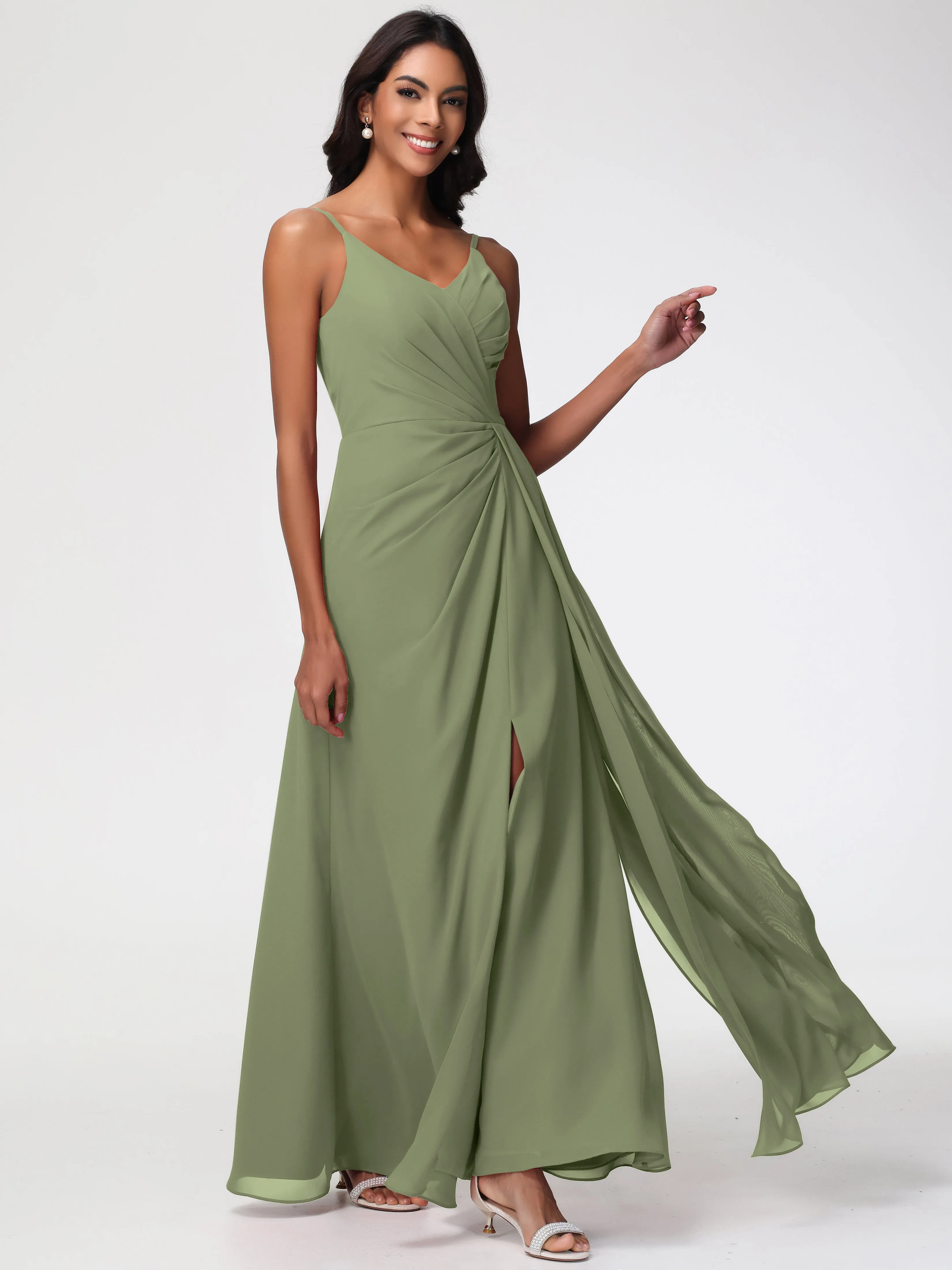 Olive Green Chiffon Bridesmaid Dresses A-Line V-Neck Spaghetti Straps Ruched Chiffon Bridesmaid Dresses With Slit