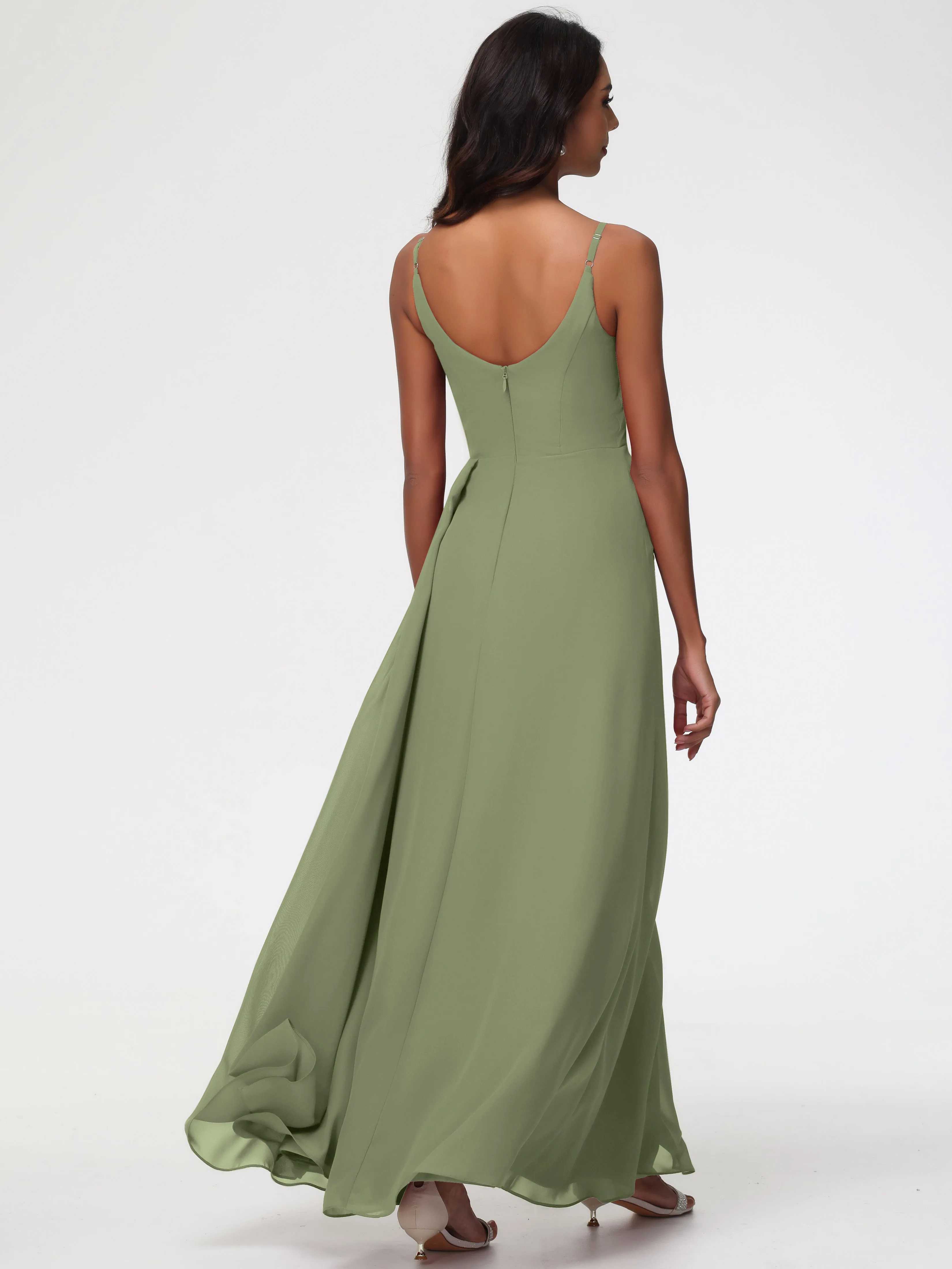 Olive Green Chiffon Bridesmaid Dresses A-Line V-Neck Spaghetti Straps Ruched Chiffon Bridesmaid Dresses With Slit