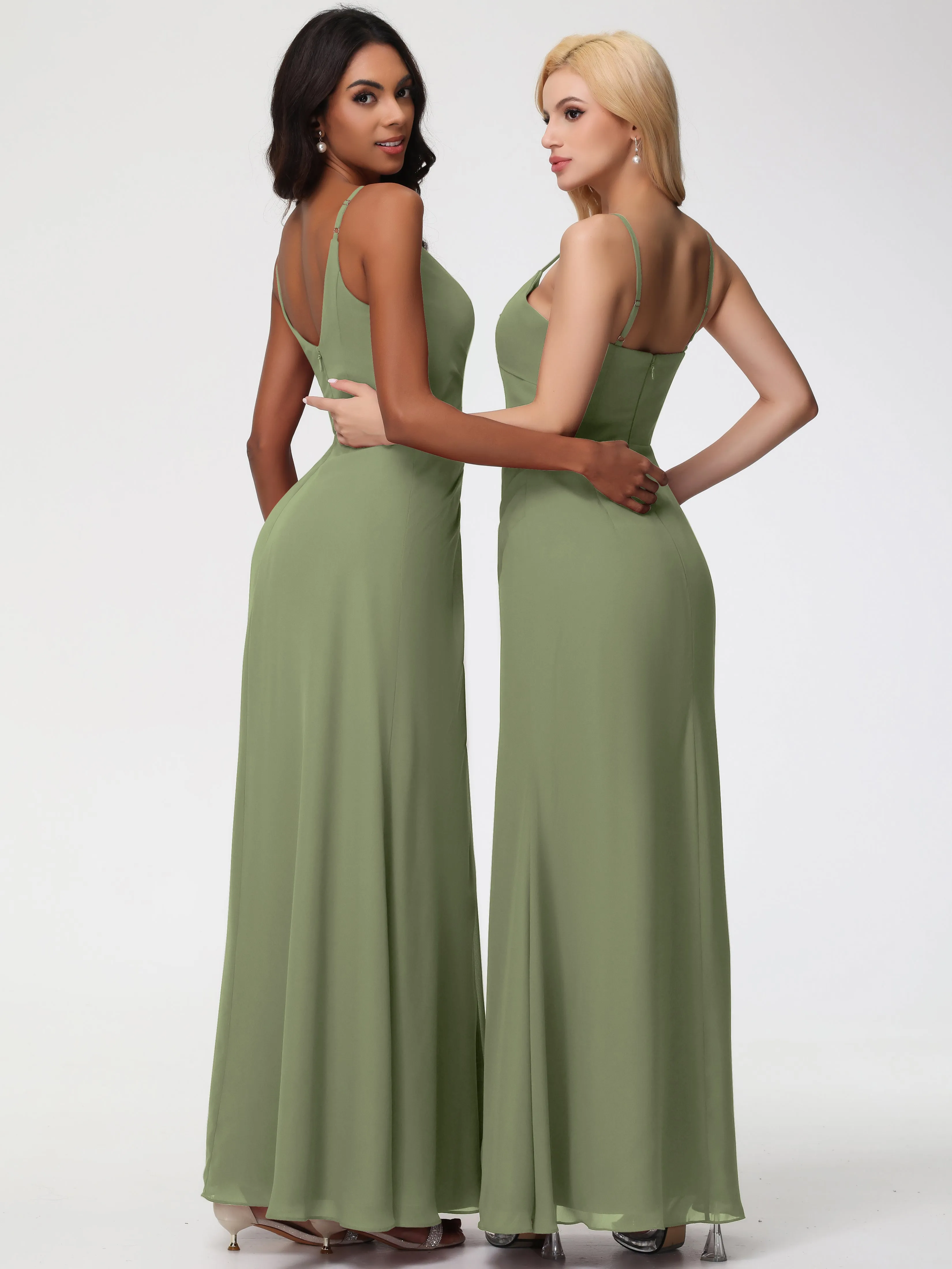 Olive Green Chiffon Bridesmaid Dresses A-Line V-Neck Spaghetti Straps Ruched Chiffon Bridesmaid Dresses With Slit