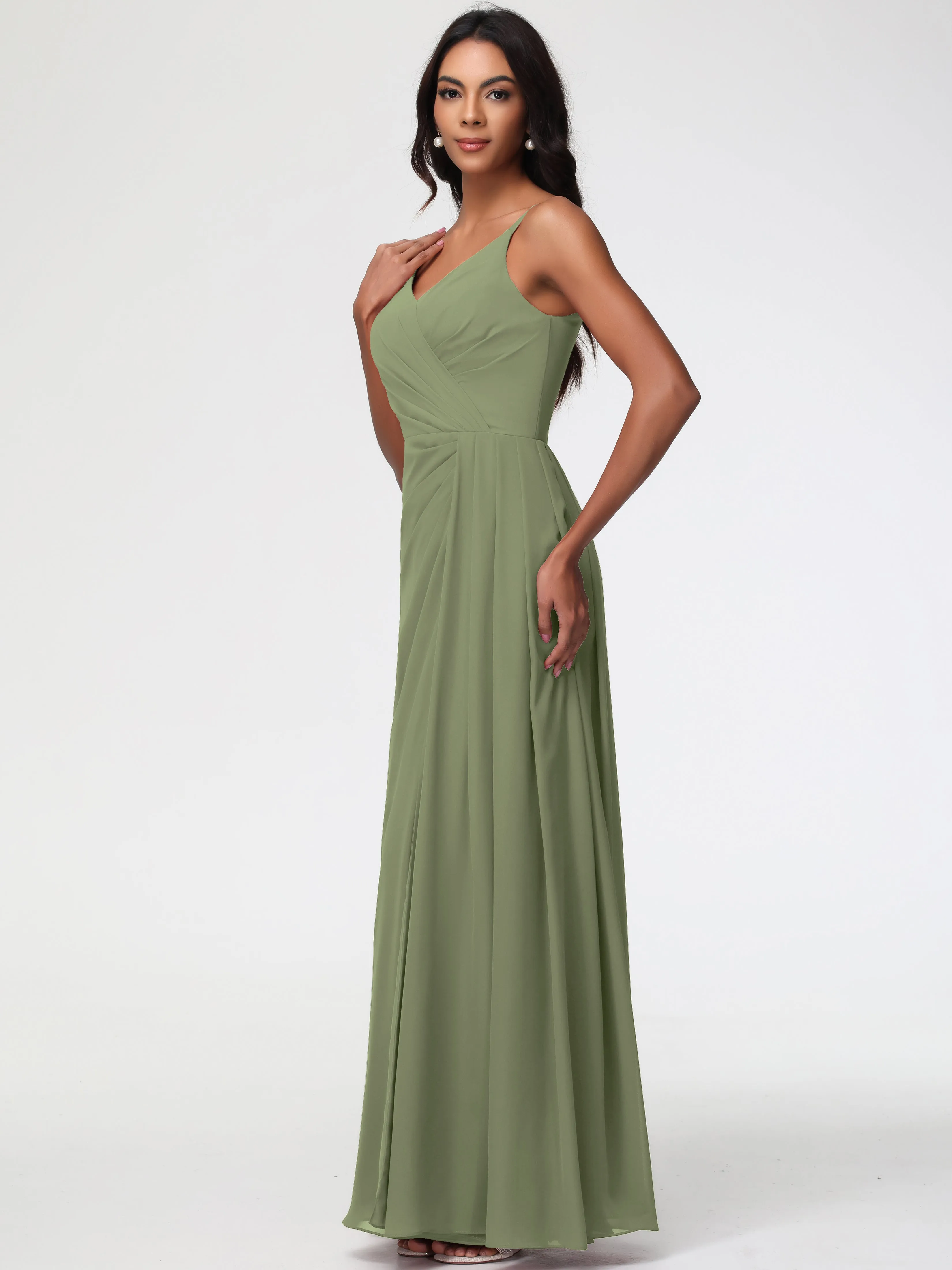 Olive Green Chiffon Bridesmaid Dresses A-Line V-Neck Spaghetti Straps Ruched Chiffon Bridesmaid Dresses With Slit